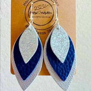 Triple Layers, Double Silvers, & Navy Blue  Leaf Dangle Faux Leather Earrings